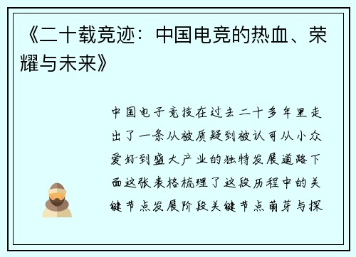 《二十载竞迹：中国电竞的热血、荣耀与未来》