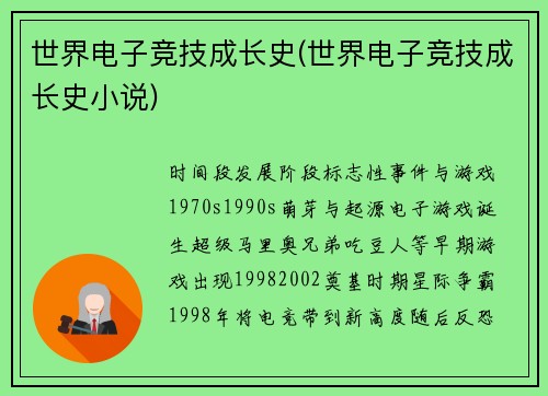 世界电子竞技成长史(世界电子竞技成长史小说)